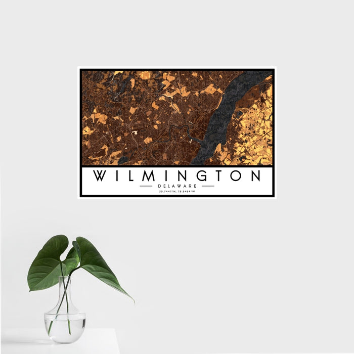 16x24 Wilmington Delaware Map Print Landscape Orientation in Ember Style With Tropical Plant Leaves in Water