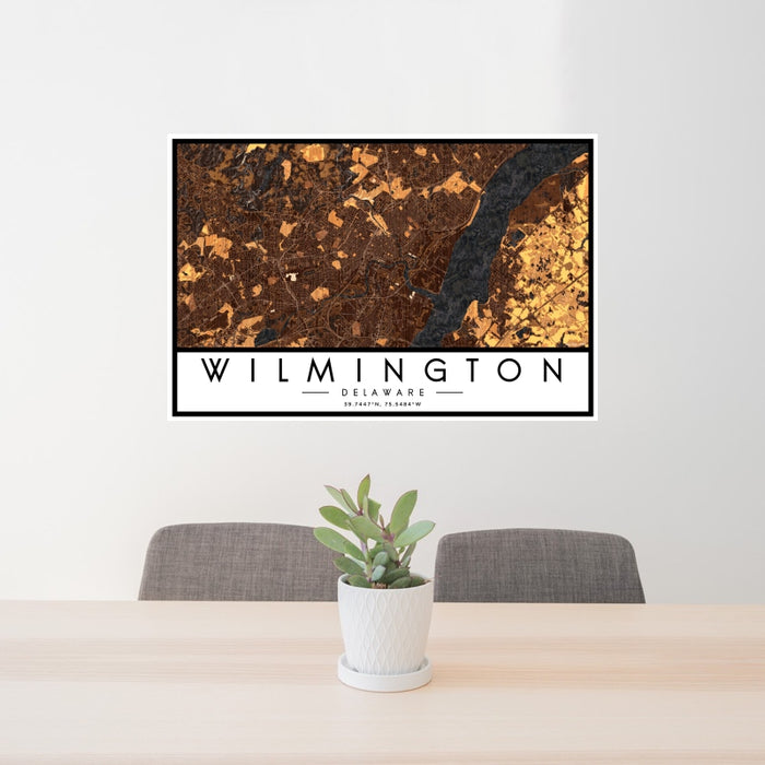 24x36 Wilmington Delaware Map Print Landscape Orientation in Ember Style Behind 2 Chairs Table and Potted Plant
