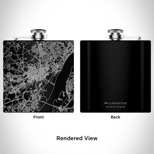 Rendered View of Wilmington Delaware Map Engraving on 6oz Stainless Steel Flask in Black