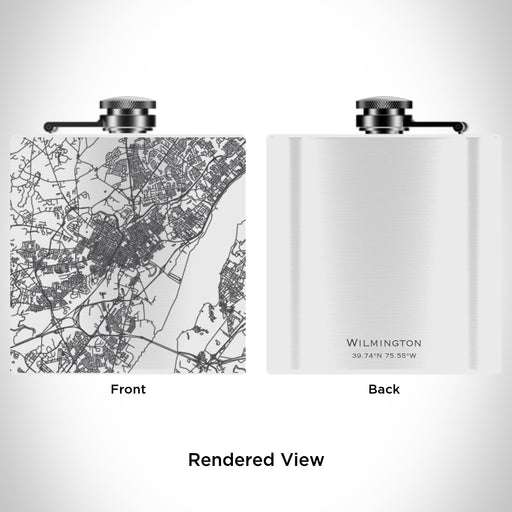 Rendered View of Wilmington Delaware Map Engraving on 6oz Stainless Steel Flask in White
