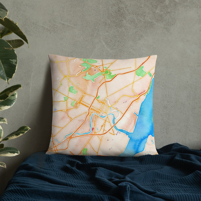 Custom Wilmington Delaware Map Throw Pillow in Watercolor on Bedding Against Wall