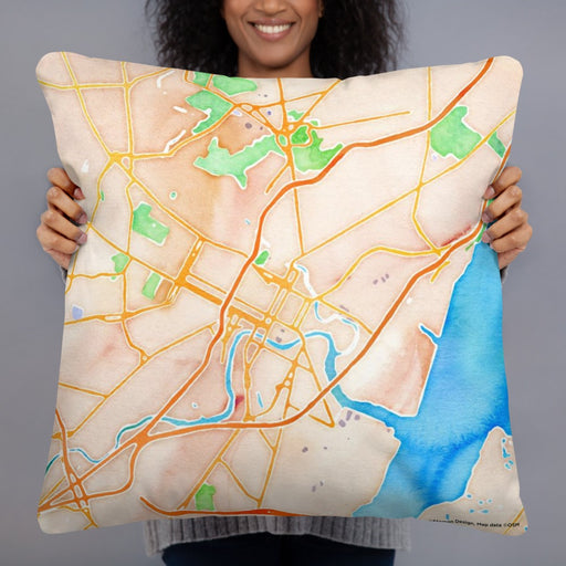 Person holding 22x22 Custom Wilmington Delaware Map Throw Pillow in Watercolor