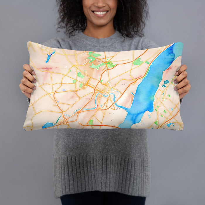 Person holding 20x12 Custom Wilmington Delaware Map Throw Pillow in Watercolor