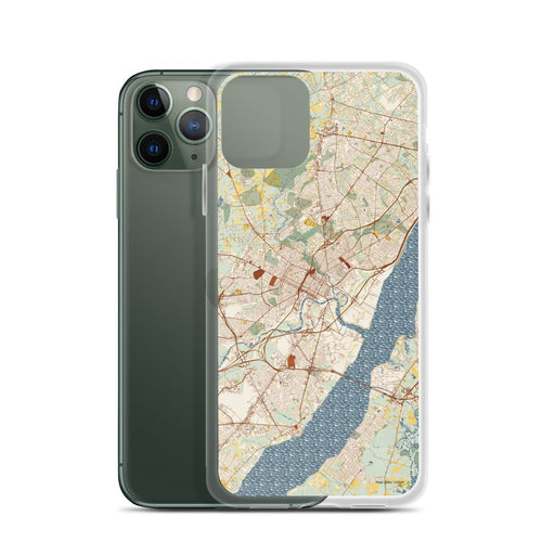 Custom Wilmington Delaware Map Phone Case in Woodblock on Table with Laptop and Plant