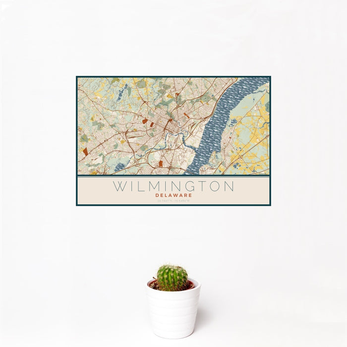 12x18 Wilmington Delaware Map Print Landscape Orientation in Woodblock Style With Small Cactus Plant in White Planter