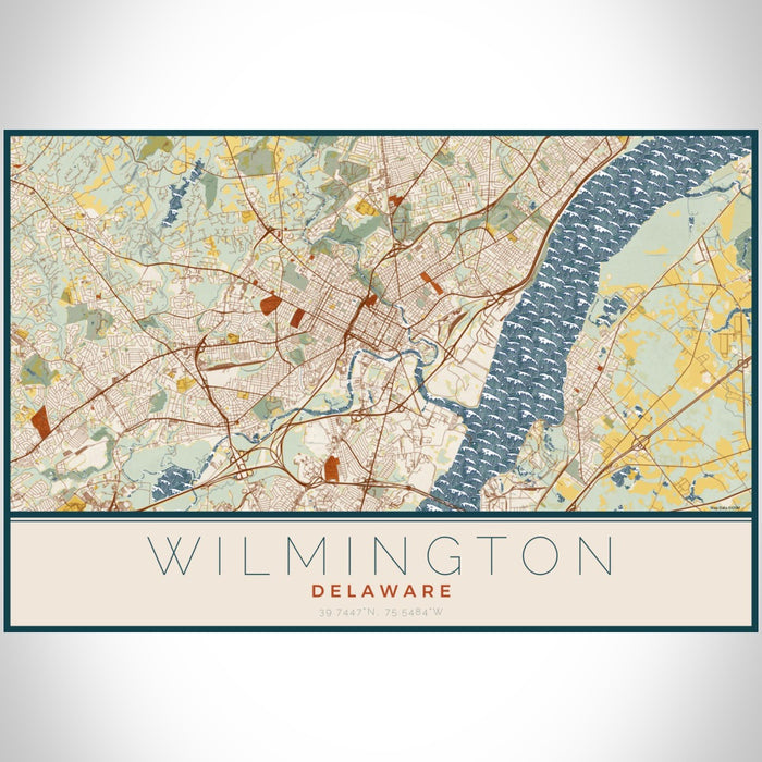 Wilmington Delaware Map Print Landscape Orientation in Woodblock Style With Shaded Background