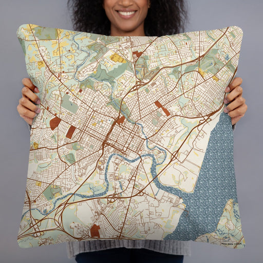 Person holding 22x22 Custom Wilmington Delaware Map Throw Pillow in Woodblock