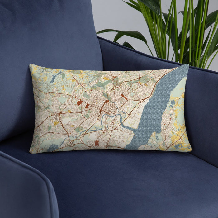 Custom Wilmington Delaware Map Throw Pillow in Woodblock on Blue Colored Chair