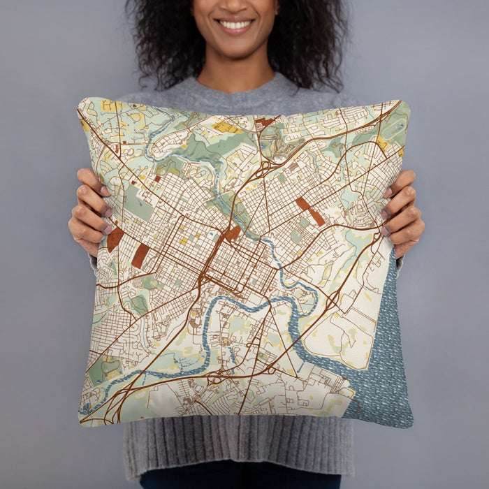Person holding 18x18 Custom Wilmington Delaware Map Throw Pillow in Woodblock