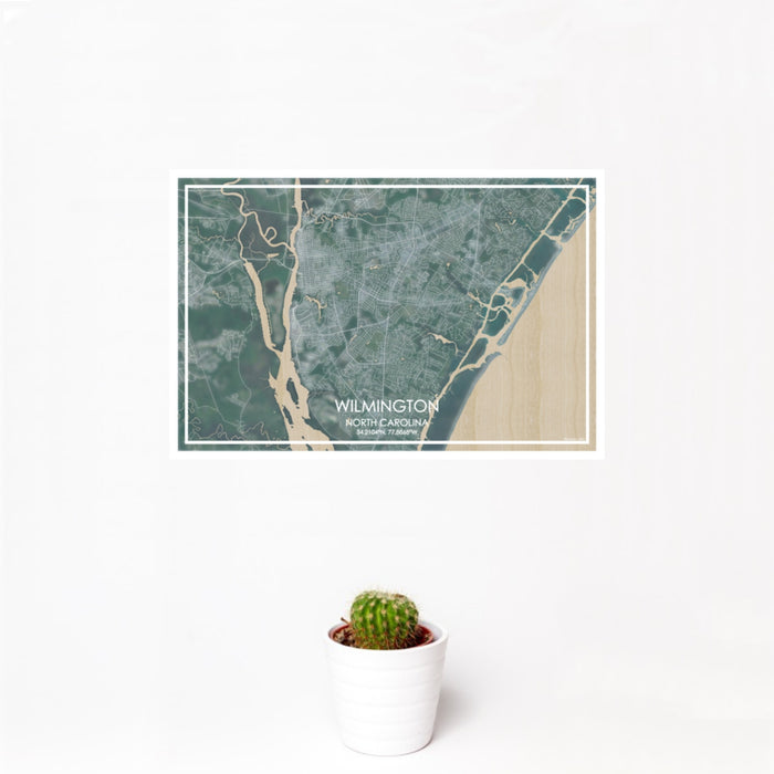 12x18 Wilmington North Carolina Map Print Landscape Orientation in Afternoon Style With Small Cactus Plant in White Planter