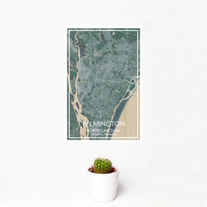 12x18 Wilmington North Carolina Map Print Portrait Orientation in Afternoon Style With Small Cactus Plant in White Planter
