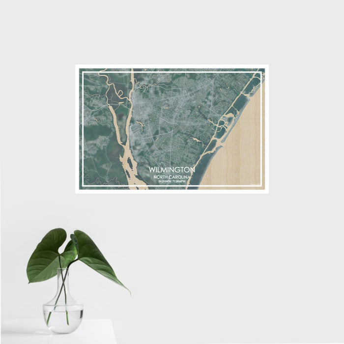 16x24 Wilmington North Carolina Map Print Landscape Orientation in Afternoon Style With Tropical Plant Leaves in Water