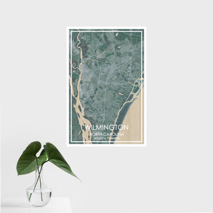 16x24 Wilmington North Carolina Map Print Portrait Orientation in Afternoon Style With Tropical Plant Leaves in Water