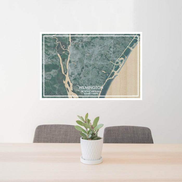 24x36 Wilmington North Carolina Map Print Lanscape Orientation in Afternoon Style Behind 2 Chairs Table and Potted Plant