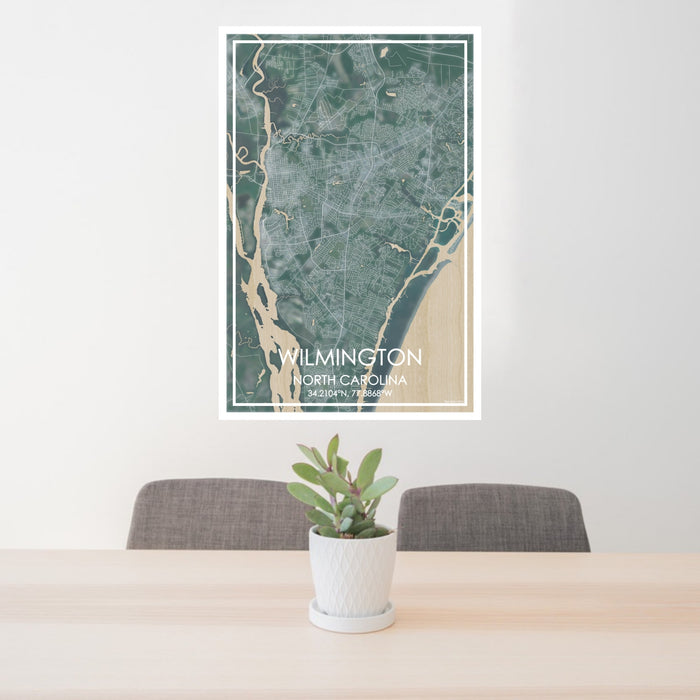 24x36 Wilmington North Carolina Map Print Portrait Orientation in Afternoon Style Behind 2 Chairs Table and Potted Plant