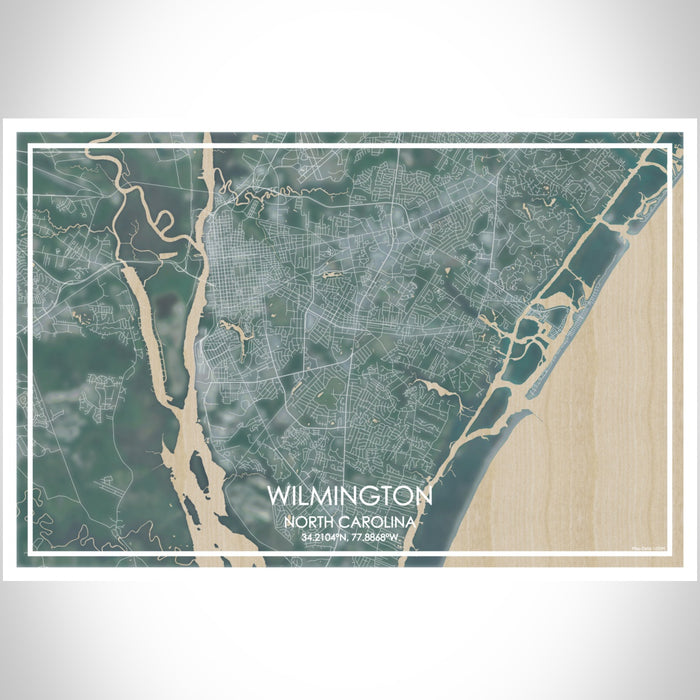 Wilmington North Carolina Map Print Landscape Orientation in Afternoon Style With Shaded Background
