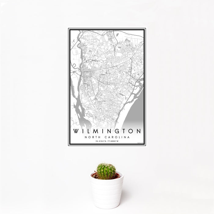 12x18 Wilmington North Carolina Map Print Portrait Orientation in Classic Style With Small Cactus Plant in White Planter