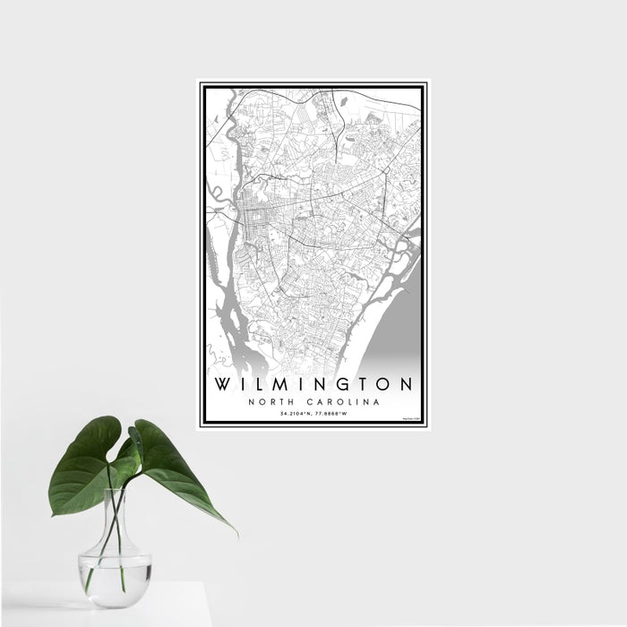16x24 Wilmington North Carolina Map Print Portrait Orientation in Classic Style With Tropical Plant Leaves in Water