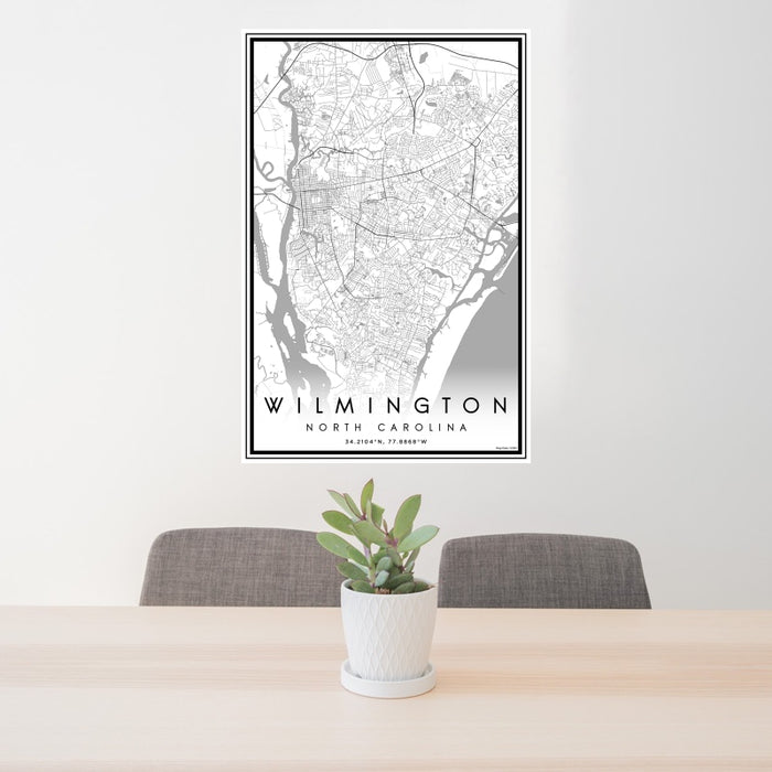 24x36 Wilmington North Carolina Map Print Portrait Orientation in Classic Style Behind 2 Chairs Table and Potted Plant