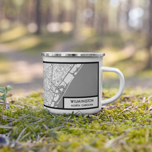 Right View Custom Wilmington North Carolina Map Enamel Mug in Classic on Grass With Trees in Background