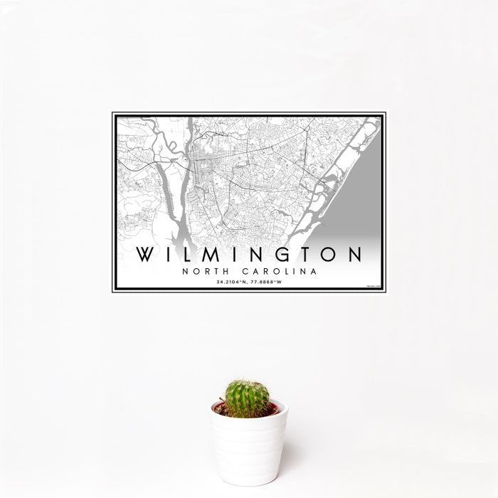 12x18 Wilmington North Carolina Map Print Landscape Orientation in Classic Style With Small Cactus Plant in White Planter