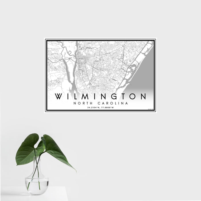 16x24 Wilmington North Carolina Map Print Landscape Orientation in Classic Style With Tropical Plant Leaves in Water