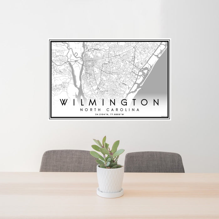24x36 Wilmington North Carolina Map Print Landscape Orientation in Classic Style Behind 2 Chairs Table and Potted Plant