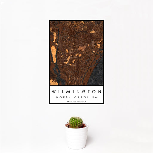 12x18 Wilmington North Carolina Map Print Portrait Orientation in Ember Style With Small Cactus Plant in White Planter