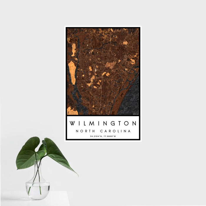 16x24 Wilmington North Carolina Map Print Portrait Orientation in Ember Style With Tropical Plant Leaves in Water