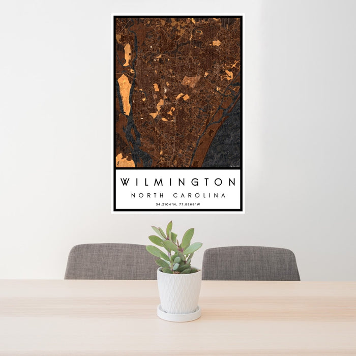 24x36 Wilmington North Carolina Map Print Portrait Orientation in Ember Style Behind 2 Chairs Table and Potted Plant