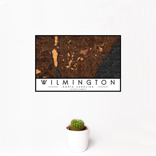 12x18 Wilmington North Carolina Map Print Landscape Orientation in Ember Style With Small Cactus Plant in White Planter
