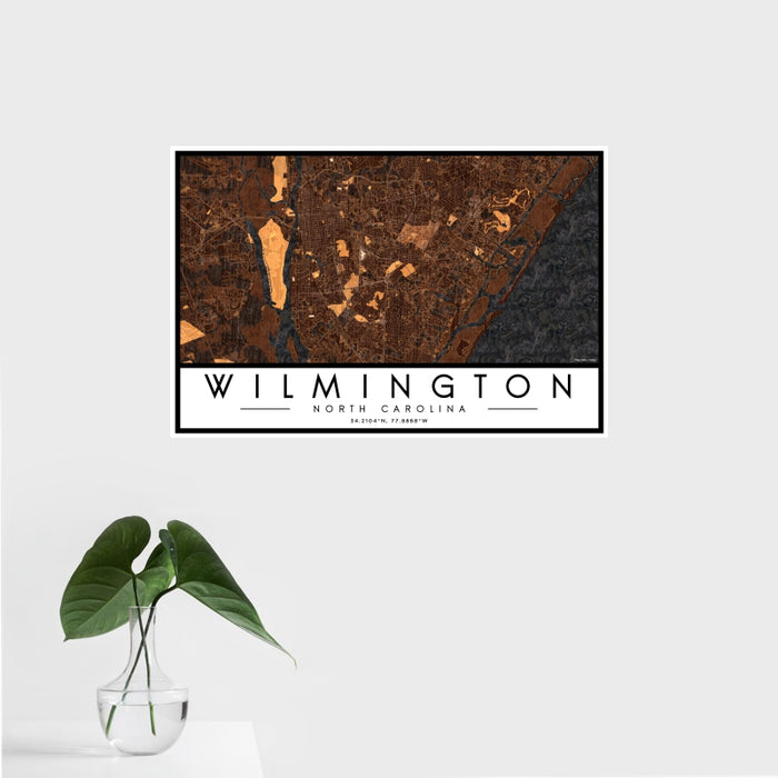 16x24 Wilmington North Carolina Map Print Landscape Orientation in Ember Style With Tropical Plant Leaves in Water