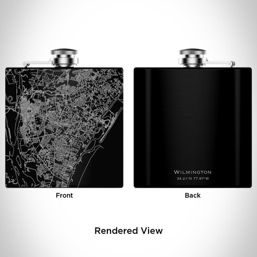 Rendered View of Wilmington North Carolina Map Engraving on 6oz Stainless Steel Flask in Black
