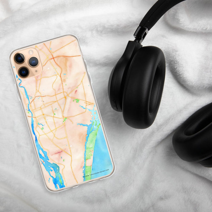 Custom Wilmington North Carolina Map Phone Case in Watercolor on Table with Black Headphones