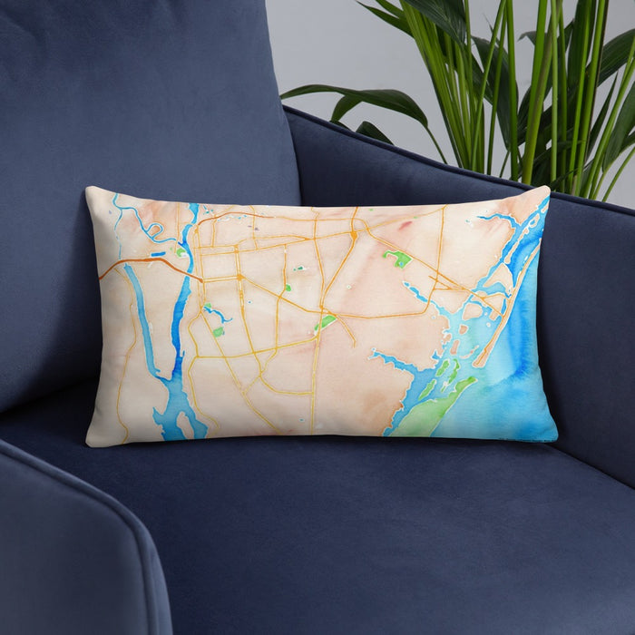 Custom Wilmington North Carolina Map Throw Pillow in Watercolor on Blue Colored Chair