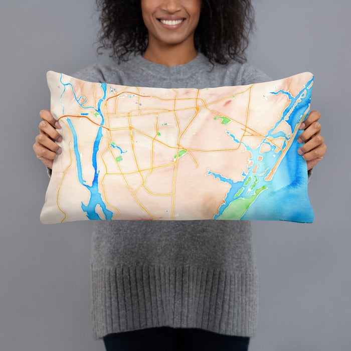 Person holding 20x12 Custom Wilmington North Carolina Map Throw Pillow in Watercolor