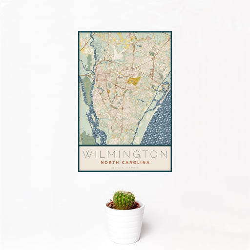 12x18 Wilmington North Carolina Map Print Portrait Orientation in Woodblock Style With Small Cactus Plant in White Planter