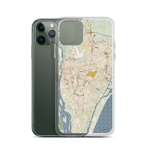 Custom Wilmington North Carolina Map Phone Case in Woodblock on Table with Laptop and Plant