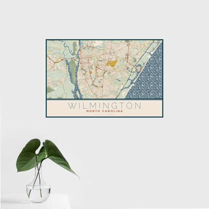 16x24 Wilmington North Carolina Map Print Landscape Orientation in Woodblock Style With Tropical Plant Leaves in Water