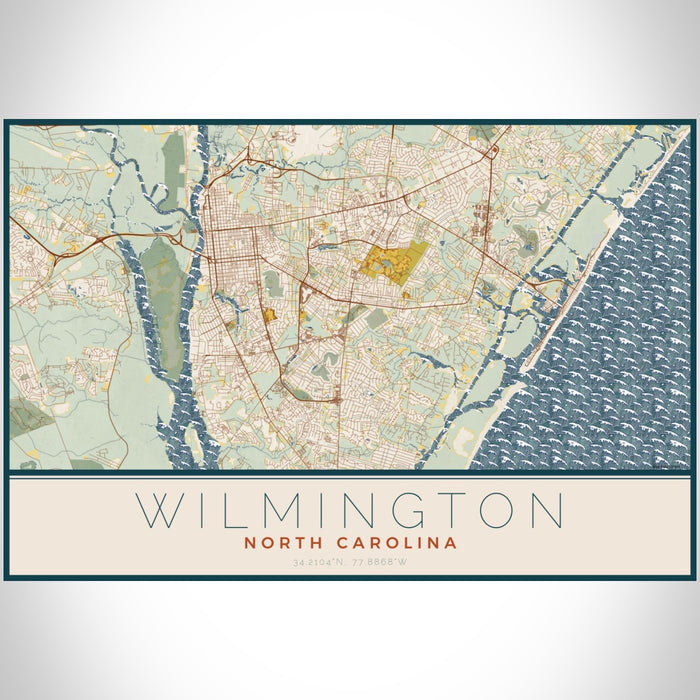 Wilmington North Carolina Map Print Landscape Orientation in Woodblock Style With Shaded Background