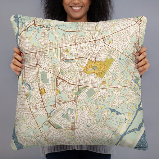 Person holding 22x22 Custom Wilmington North Carolina Map Throw Pillow in Woodblock