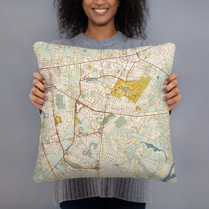 Person holding 18x18 Custom Wilmington North Carolina Map Throw Pillow in Woodblock