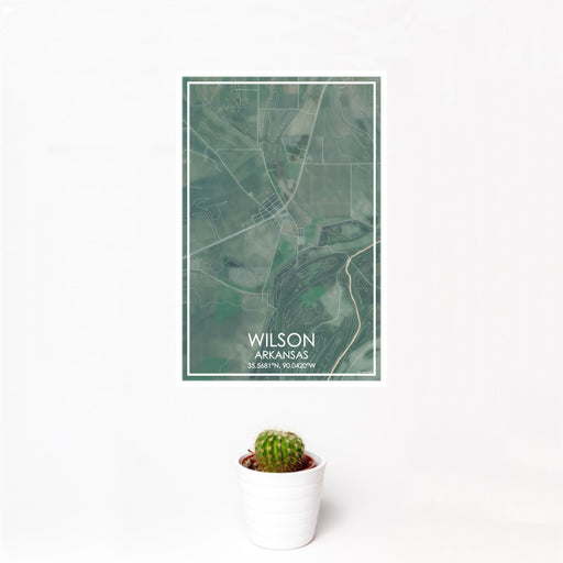 12x18 Wilson Arkansas Map Print Portrait Orientation in Afternoon Style With Small Cactus Plant in White Planter