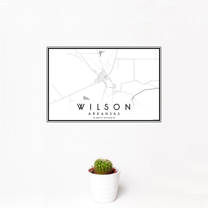 12x18 Wilson Arkansas Map Print Landscape Orientation in Classic Style With Small Cactus Plant in White Planter