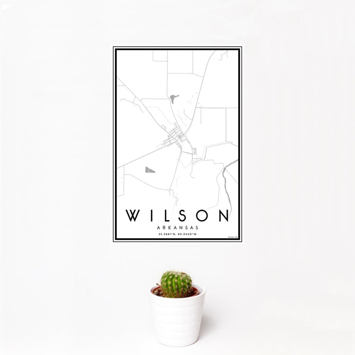 12x18 Wilson Arkansas Map Print Portrait Orientation in Classic Style With Small Cactus Plant in White Planter