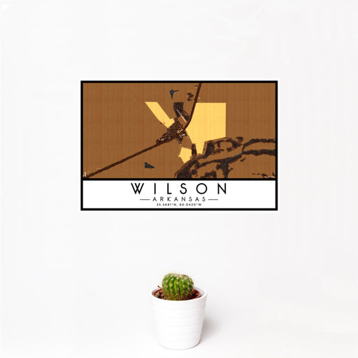 12x18 Wilson Arkansas Map Print Landscape Orientation in Ember Style With Small Cactus Plant in White Planter