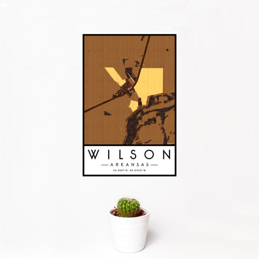 12x18 Wilson Arkansas Map Print Portrait Orientation in Ember Style With Small Cactus Plant in White Planter