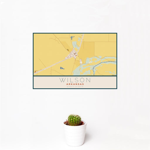 12x18 Wilson Arkansas Map Print Landscape Orientation in Woodblock Style With Small Cactus Plant in White Planter