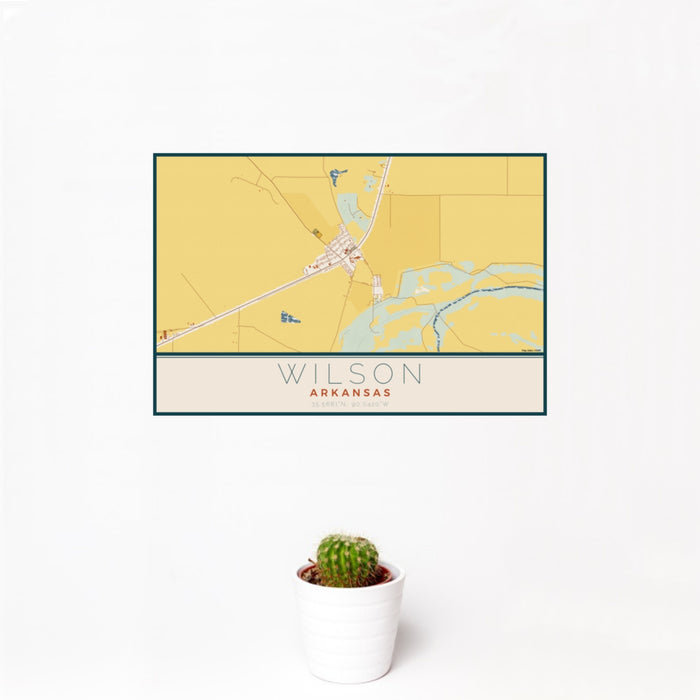 12x18 Wilson Arkansas Map Print Landscape Orientation in Woodblock Style With Small Cactus Plant in White Planter