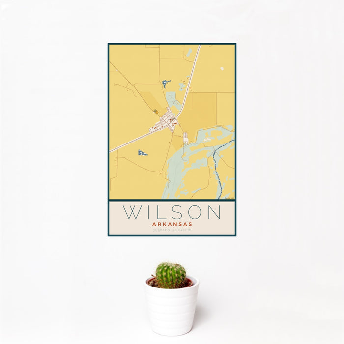 12x18 Wilson Arkansas Map Print Portrait Orientation in Woodblock Style With Small Cactus Plant in White Planter